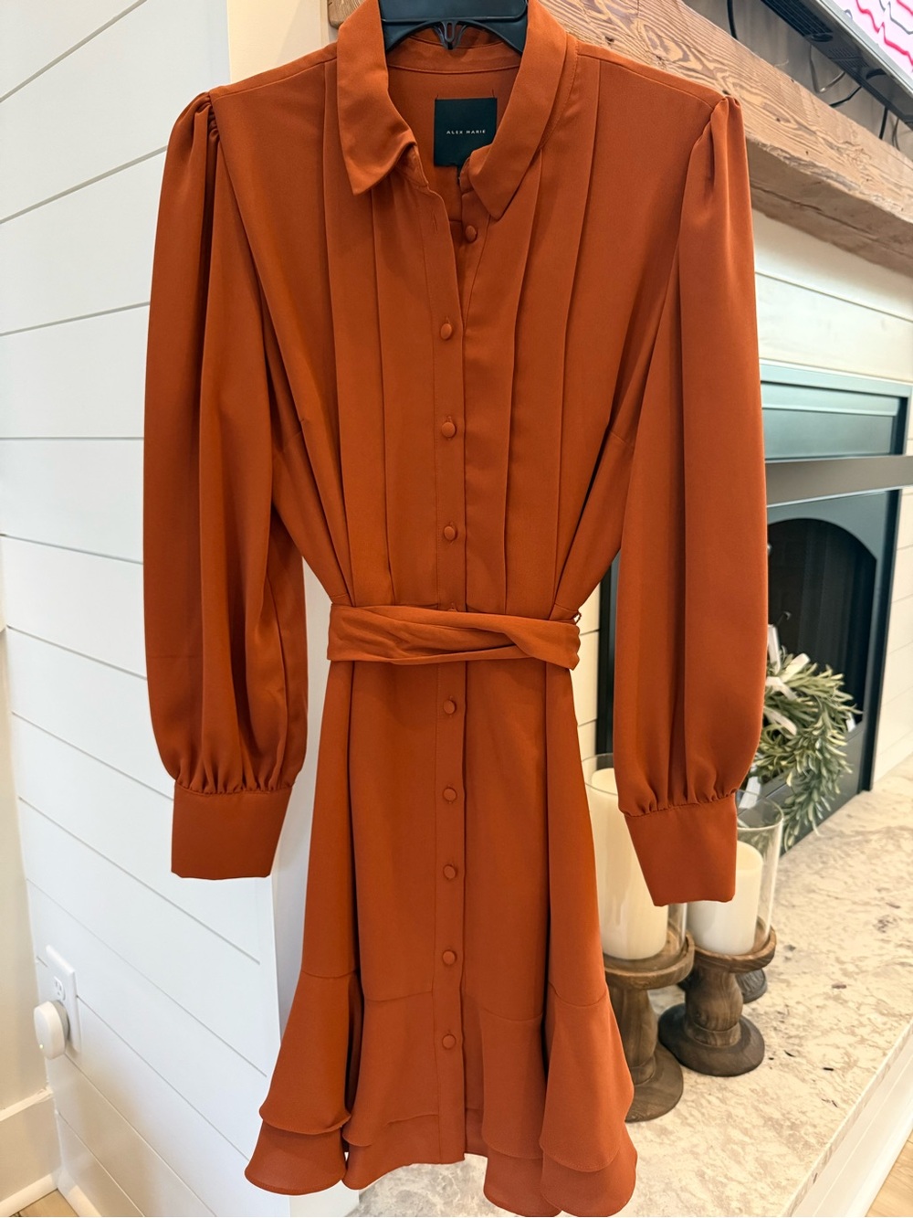 Anne Marie Rust Button-Front Long Sleeve Dress with Self Tie. Never worn.